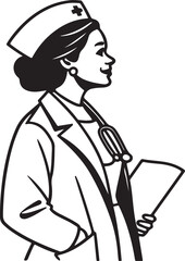 Obraz premium nurse, medical uniform, healthcare worker, clinical, medical field, healthcare, medical professional, hospital staff, medical service, detailed illustration, black and white, silhouette 