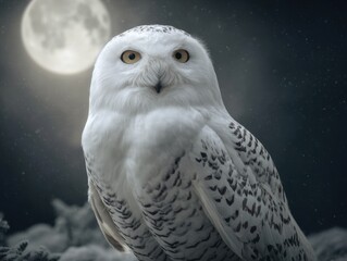 Majestic snowy owl perched under a full moon in a serene winter landscape at night