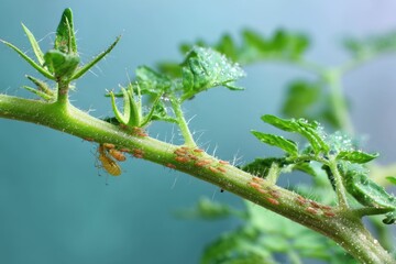 Tomato branch being observed for aphid presence