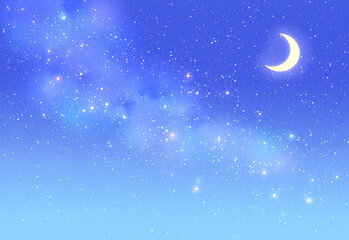 三日月と星空　背景イラスト素材　夜空　水彩　青色