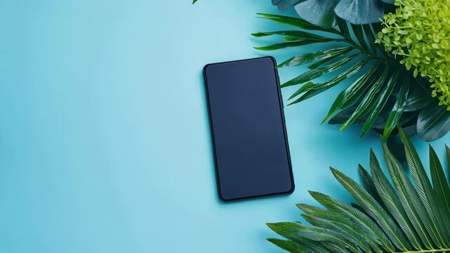 mobile device surrounded by various green leaves on a blue background flat lay tropical vibe