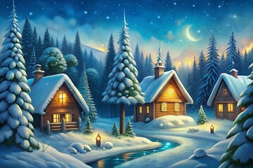 Fototapeta premium Magical Snowy Christmas Village Scene Cozy Cottages, Winter Wonderland