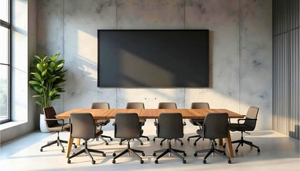 Modern Industrial Conference Room with Concrete Walls and Wooden Meeting Table Design