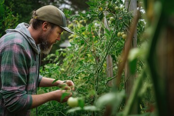 Tomato garden inspection with botanist looking for lice