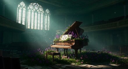 Grand Piano in a Sunlit Abandoned Church, Overgrown with Flowers