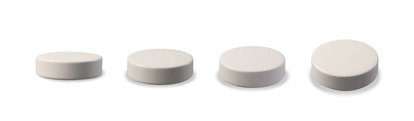 3d set white podiums. Three-dimensional vector illustration stage. Winner platform for product display, award ceremony, presentation, or competition scene. Realistic, abstract, for web, graphic use.