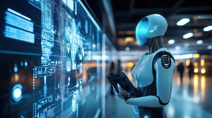 Futuristic Robot Analyzing Data on a Holographic Screen