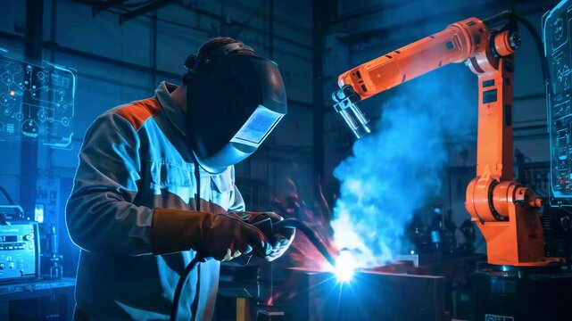 Skilled welder in protective gear operates welding equipment alongside a robotic arm in a workshop
