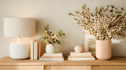 A light wood side table with white ceramic lamp, pastel vase and books in pale pink and cream, soft shadows creating balanced contrast 94117641 3