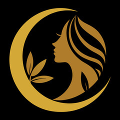 Golden Feminine Moon with Leaves Vector Illustration