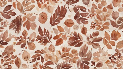Seamless Autumn-Themed Watercolor Pattern With Leaves and Botanical Elements. Perfect for seasonal decorations, textiles, and backgrounds showcasing the charm of fall nature and botanical illustration