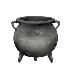 An empty witch's cauldron. Watercolor illustration. Dark round cast iron pot, insulated on a white background. The theme of magic, witchcraft and Halloween