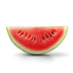 Freshly sliced watermelon half featuring juicy red flesh and black seeds on white background