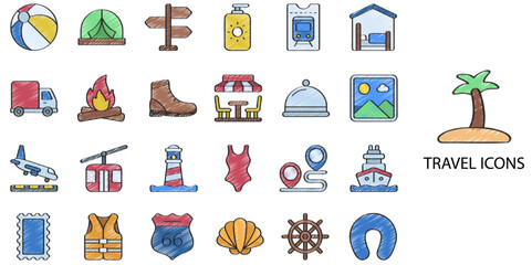 Travel simple concept 24 Color icons set. Contains such Airplane, trip, beach, passport, luggage, camping, hotel, summer vacations, collection. Vector illustration.