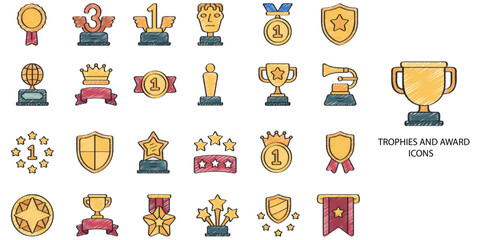 Trophies and Award simple concept 24 hand drawn color icons set. Contains such trophy, icon, minimal, award, achievement, competition .Vector illustration.	