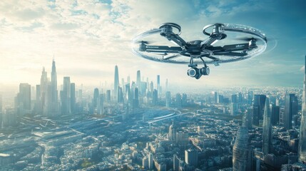Drone Flight Over Futuristic Cityscape: A Technological Marvel