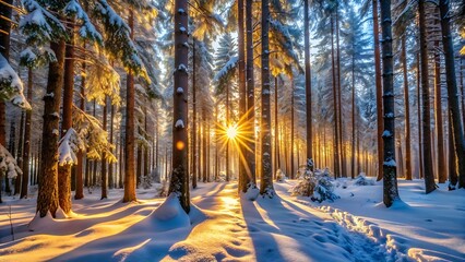 Golden sunlight streams through snowy pine trees within a serene and enchanting winter forest