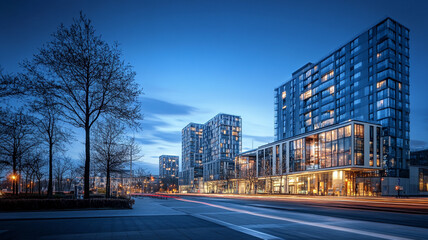 Obraz premium Low-angle view of modern skyscrapers at blue hour