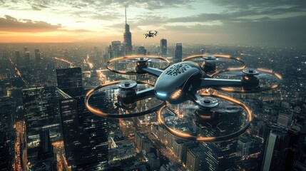 Drone Flight Over Cityscape at Sunset