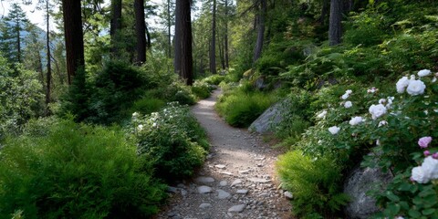 Obraz premium Tranquil forest pathway with lush greenery and white flowers in sunlit woodland