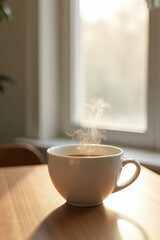 Obraz premium Hot coffee cup on wooden table with sunlight, cozy morning beverage scene