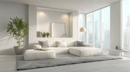 Fototapeta premium Minimalist living room with clean lines and neutral tones, embodying modern simplicity and serene elegance.
