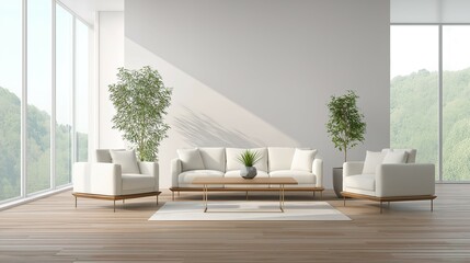 Fototapeta premium Minimalist living room with clean lines and neutral tones, embodying modern simplicity and serene elegance.