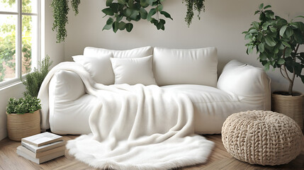 Cozy living room with white sofa, plants, and soft decor in natural light.