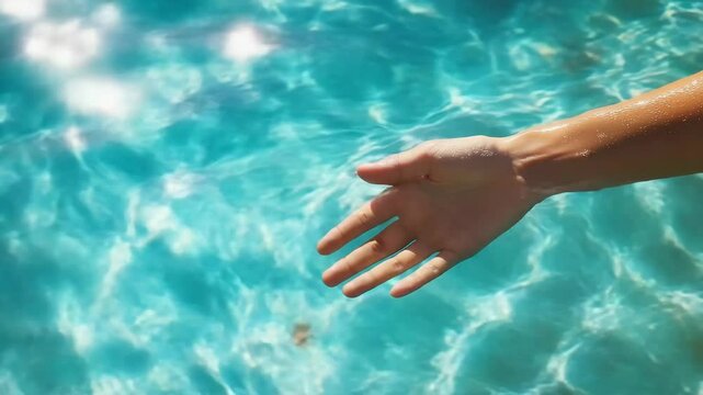 Hand slightly immersed in shimmering turquoise water.