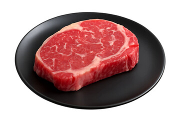 Fototapeta premium Juicy Ribeye Steak on a plate: A mouthwatering, perfectly marbled ribeye steak rests elegantly on a sleek black plate, showcasing its rich texture and vibrant redness.