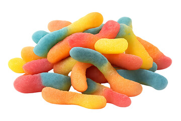 Vibrant Gummies: A colorful assortment of gummy candies in a dynamic pile, with a focus on the textures and bright hues of the sugary treats.