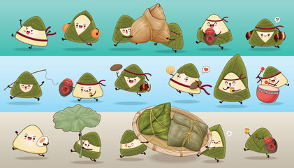 Fototapeta na wymiar Vintage Chinese rice dumplings cartoon character. Dragon boat festival illustration. Chinese word means liquor