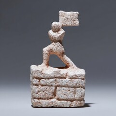 Elegant figure of queenly knight woman holding flag, detailed castle stone base