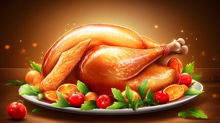 Roasted turkey on a platter, garnished with citrus and berries.