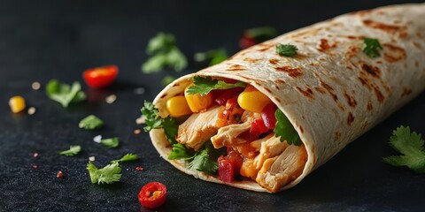 Deliciously prepared chicken burrito with fresh ingredients and vibrant colors on a rustic background
