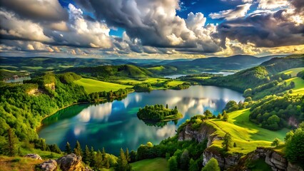 Fototapeta premium Reflections on mountain lake's tranquil surface are highlighted by a beautiful and dramatic cloudy sky