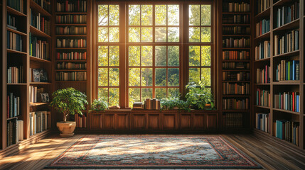 Sunlit Cozy Library Window and Books