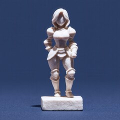3D knightess figure in dual-wield stance, base featuring broken weapons