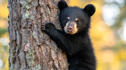 Adorable black bear cub clinging to tree trunk