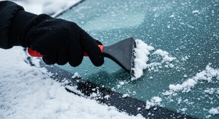 Scraping Car Windshield Free of Snow and Ice During Winter