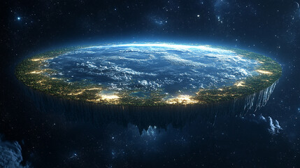 Vibrant artistic depiction of a flat Earth half-globe floating in cosmic space. Bold colors highlight land and ocean with surreal beauty. Minimalist layout with caption space on the side.