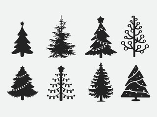 Obraz premium Set of black silhouette Christmas trees with diverse shapes and festive accents