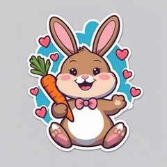 Fototapeta premium A cute sticker design of a happy cartoon bunny holding a carrot, surrounded by tiny hearts, in vibrant colors