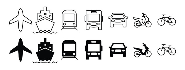 Transportation icon set. Public Transport Pictogram. Railway, Air Transportation, Car, Bus, Train, Metro, Ship, Plane Symbol Collection.