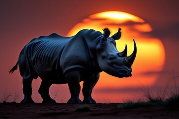 Fototapeta premium Stunning digital illustration of a majestic rhinoceros silhouetted against a fiery sunset in africa