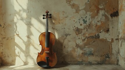 Violin placed elegantly against a bare, soft-toned wall, leaving space to add any musical quotes or details.
