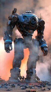 Dark metallic robot amidst smoke and debris, apocalyptic orange pink sky, vertical format.