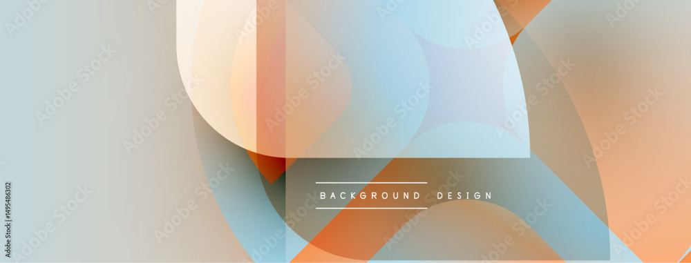 Poster abstract geometric shapes overlap, creating soft color gradients. light blue, orange hues dominate d