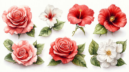 Fototapeta premium Elegant watercolor botanical illustration of assorted flowers and leaves, including roses, ranunculus, hibiscus, hyacinth, chrysanthemum, and palm leaf. Hand-painted style on a white background.