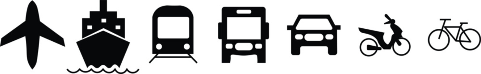 Transportation icon set. Public Transport Pictogram. Railway, Air Transportation, Car, Bus, Train, Metro, Ship, Plane Symbol Collection.